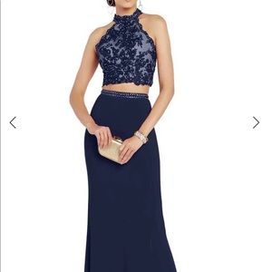 Alyce Paris - Navy Beaded Lace Two Piece High Halter Evening Dress. Size 00.